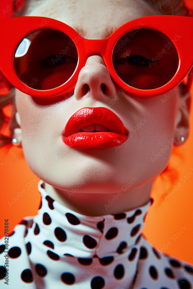 A woman with red sunglasses and red lipstick is posing for a photo