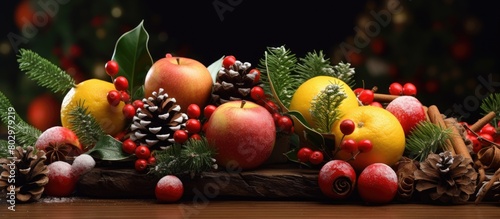 A festive display of fruits and cinnamon adorns the New Year s decor with a delightful arrangement Copy space image