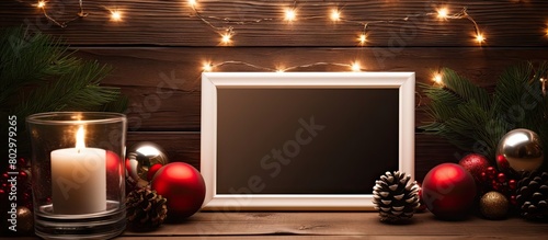 A copy space image with a wooden background and an empty blank photo frame depicts a Christmas or New Year concept background © vxnaghiyev