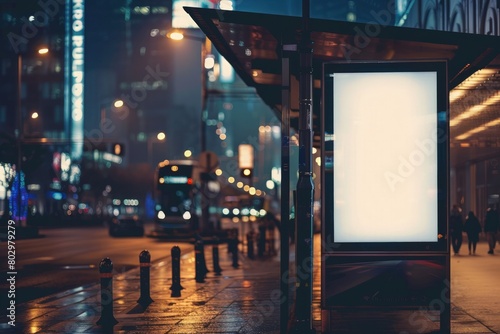 A sleek and modern commercial image showcasing a blank white vertical digital billboard poster on a city street bus stop sign at night