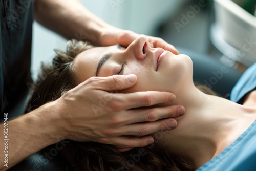 a physiotherapist or chiropractor conducting cranial sacral therapy on a woman patient. Highlight the therapeutic process, showcasing the activation of the trigeminal nerve photo