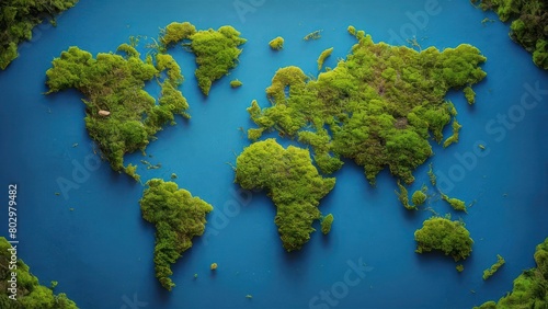 world map created from moss and greenery against blue background representing water.