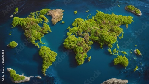 world map created from moss and greenery against blue background representing water.