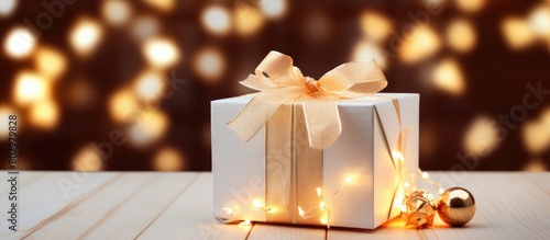 A Christmas gift box with Christmas lights is presented in a close up view on a white wooden background providing ample copy space for an image