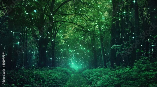 an enchanted forest where emerald leaves shimmer with iridescent hues  mingling with the glow of fireflies lights beneath a star-strewn sky  spellbinding realm of magic and mystery  awaiting discover