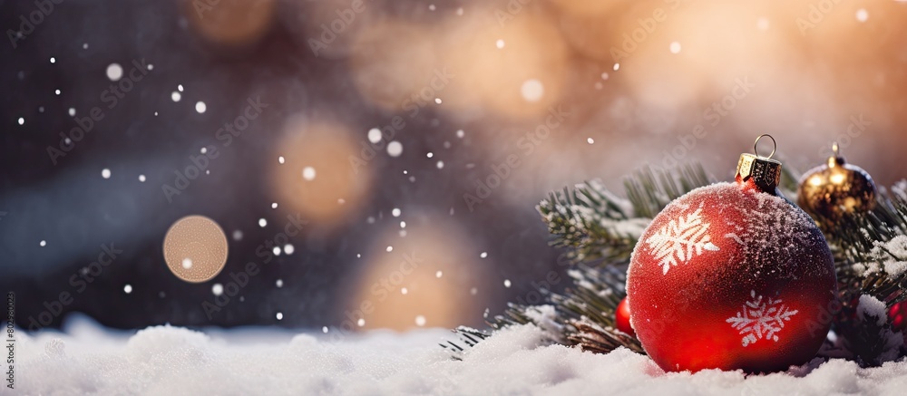 A festive Christmas decoration featuring ornaments snow and a tree beautifully captured in a copy space image A festive Christmas decoration featuring ornaments snow and a tree beautifully captured in a copy space image
