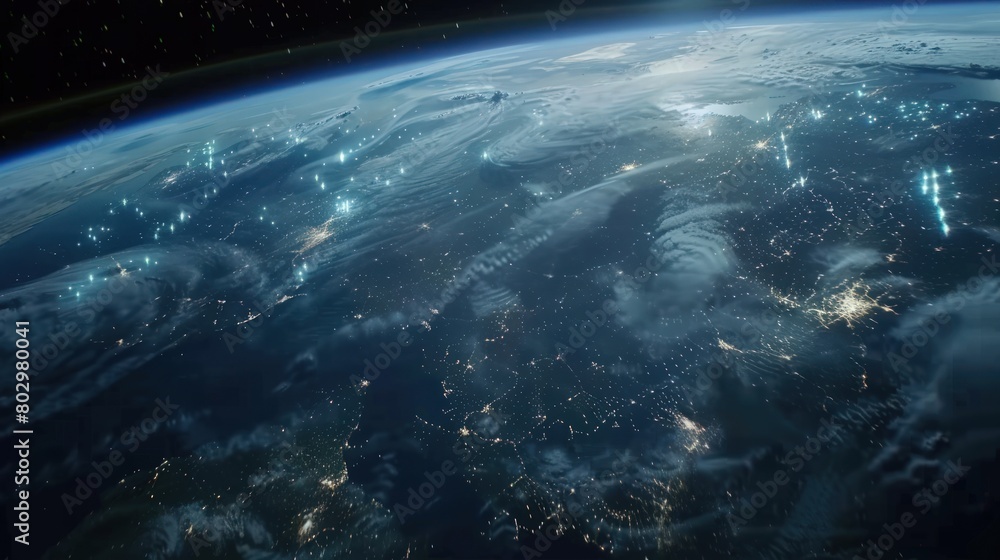 Obraz premium planet Earth, adorned with the twinkling lights of countless cities against the backdrop of the dark expanse of the universe. Light wisps of clouds dance across the atmosphere
