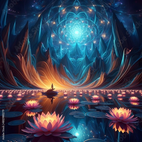 Luminous lotus flowers  abstract colorful shapes in a cosmic Display photo