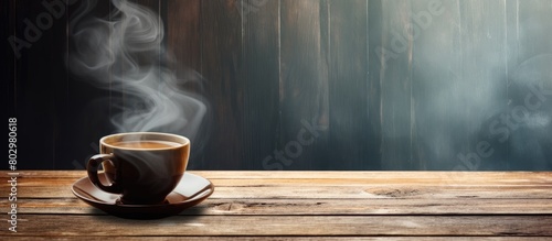 A copy space image featuring a steaming cup of coffee resting on a rustic wooden table
