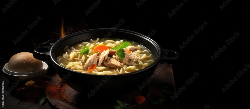 A copy space image featuring chicken noodle soup on a textured black backdrop
