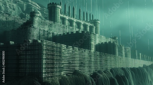 A digital fortress seamlessly blended into a landscape of binary code, with walls made of encrypted data blocks, standing as a bastion of cyber defense. 32k, full ultra hd, high resolution