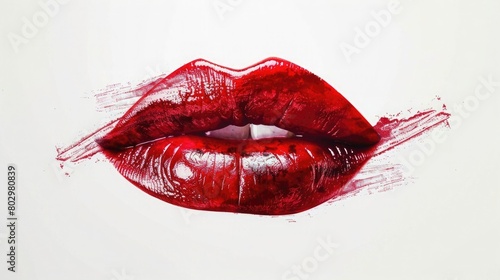 Dynamic red lipstick kiss mark on a white background