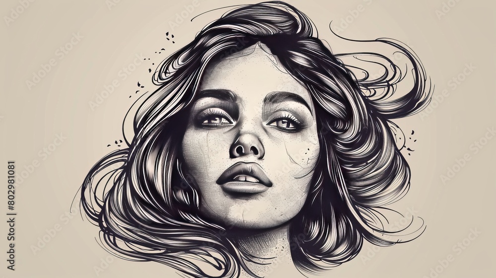 Woman face, engraved style. vector illustration