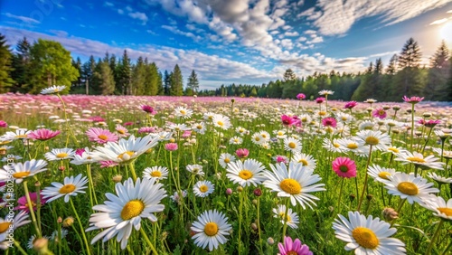 Meadow with lots of white and pink spring daisy flowers in sunny day. Nature landscape in estonia in early summer