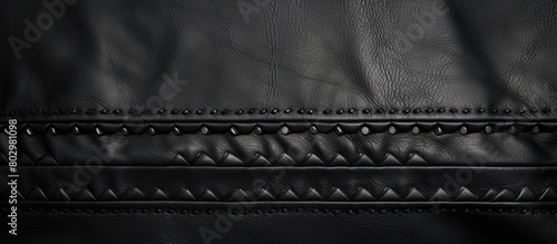 A copy space image of a leather texture background with seams features a black jacket adorned with rivets