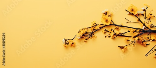 A dried branch with flowers placed on a yellow background creating a flat lay copy space image