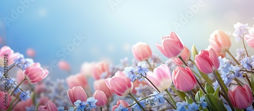 A beautiful arrangement of pink tulips with a backdrop of forget me nots. with copy space image. Place for adding text or design #802981276