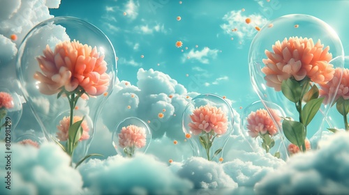 A digital garden with clouds as flowers, each encased in a bubble of cybersecurity measures. photo