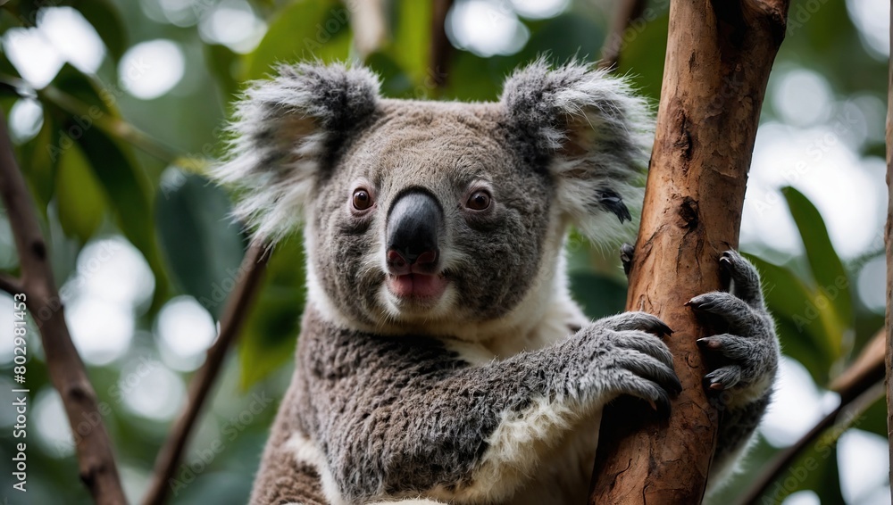 Fototapeta premium Koala Bear Sit On The Branch of the tree and eat leaves
