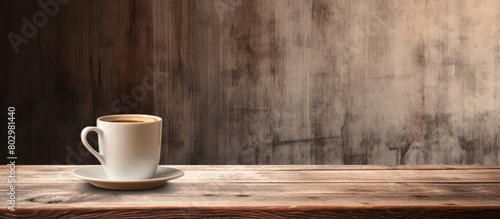 A coffee cup is placed on a wooden table and there is a grunge background behind it that provides ample empty space for an image