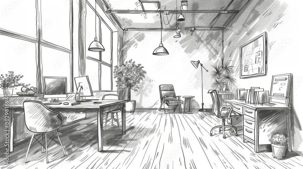 An illustration of a modern office. There are two desks, one with a computer on it. There are also some plants and chairs in the office. The walls are bare and there is a large window.