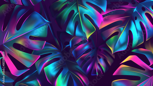 Fluorescent color layout made of monstera leaves. Flat lay neon colors. Nature concept.
