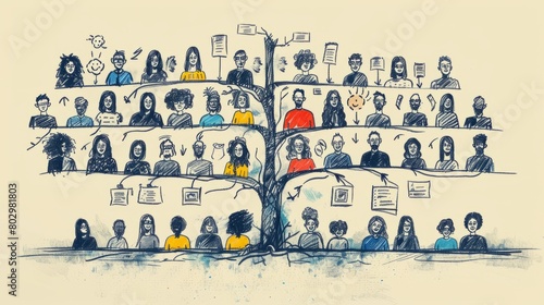 An illustration of a tree with many branches, each branch representing a different family. The people in the tree are all connected to each other, and they are all part of the same family. photo