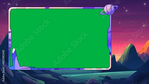 Animated cute kawaii green alien spaceship twitch kick premade stream overlay, vtuber, full screen, in game, just chatting, purple, kawaii, girly, stars, space overlay for streamers photo