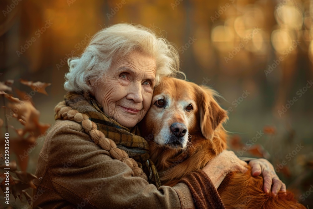 Dog with a beautiful elderly woman, they are inseparable, portrait style.