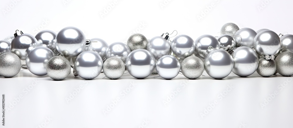 A copy space image of a silver grey Christmas garland photographed on a white background A copy space image of a silver grey Christmas garland photographed on a white background