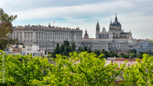 Panoramic view of the royal palace and the Almudena cathedral in Spain's capital, Madrid. photo