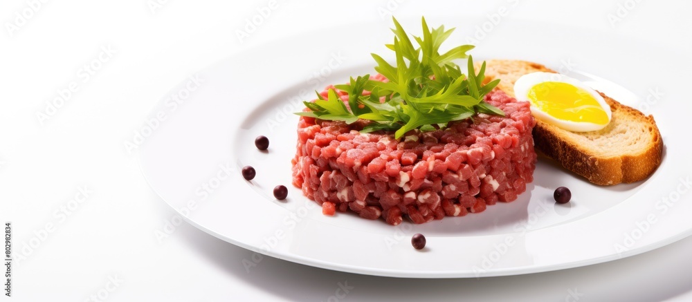 A delectable plate of steak tartare sits on a white background with plenty of copy space for the perfect image
