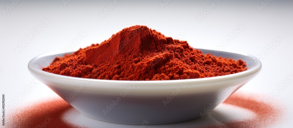 A close up image of ground red pepper isolated on a white background with ample space for text or images The image represents a concept related to packaging spices and herbs A close up image of ground red pepper isolated on a white background with ample space for text or images The image represents a concept related to packaging spices and herbs
