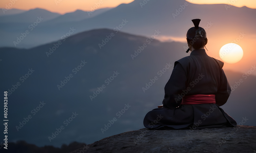 Samurai Meditating on a Mountain at Sunset