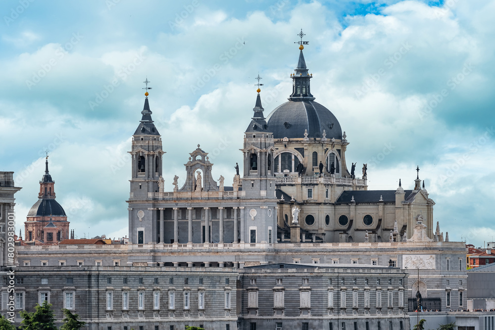 Almudena Cathedral that rises majestically over the city of Madrid, Spain.