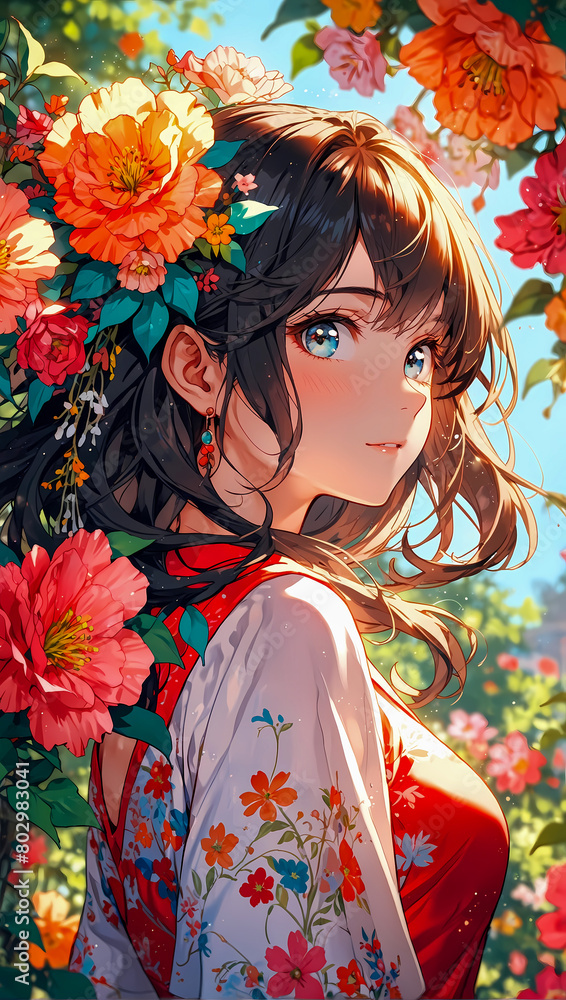 Anime girl with sparkling eyes poses in a sunlit vibrant colorful garden