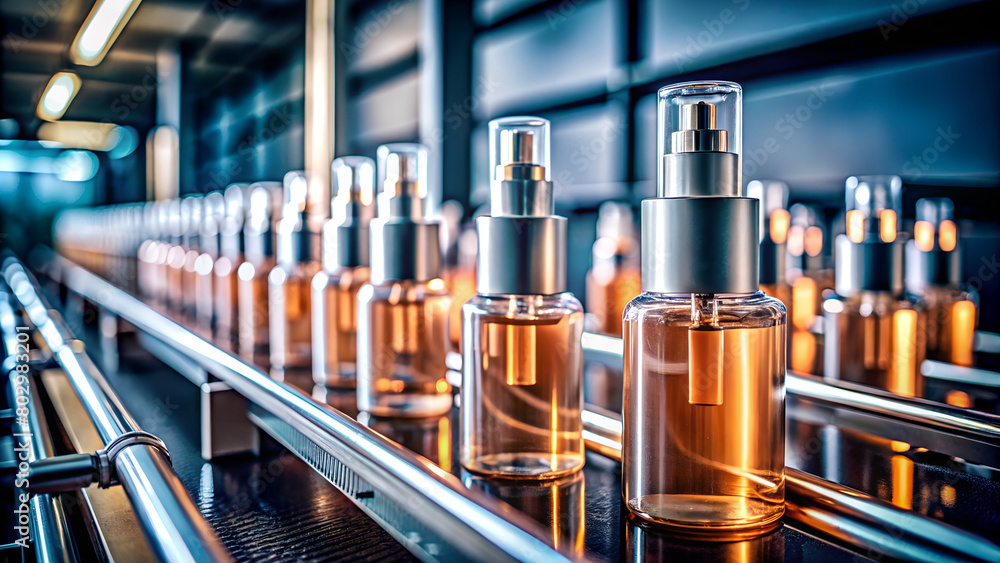 An assembly line of perfume bottles on a conveyor belt. AI Generative An assembly line of perfume bottles on a conveyor belt. AI Generative