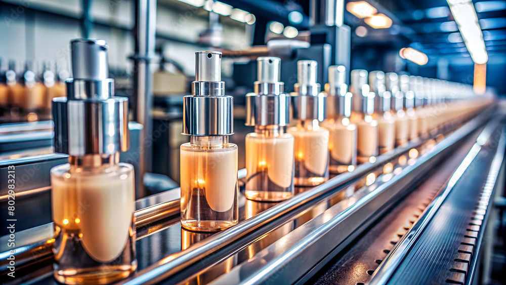 An assembly line of perfume bottles on a conveyor belt. AI Generative