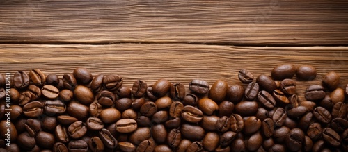 A copy space image featuring coffee beans displayed on a rustic wooden background