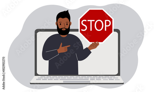 A man holding a red stop sign in a laptop screen. Virus, attack, error, account or page deletion. Vector flat illustration