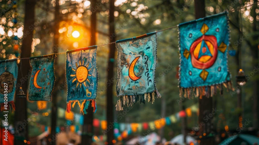 colorful flags with sun, moon and star symbols hang from a rope in a forest