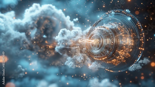 A holographic lock projected in front of a virtual cloud, its intricate mechanism spinning and aligning, symbolizing the decryption process for secure cloud access. 32k, full ultra hd, high resolution
