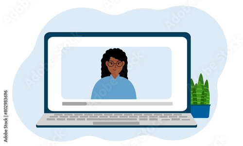 Video of a female blogger. Webinar, interview, coach, vlog, blog. Vector flat illustration