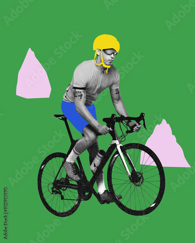 Sportive man, cyclist in helmet, riding bike against green background. Contemporary art collage. Concept of sport, active and healthy lifestyle, competition, hobby photo