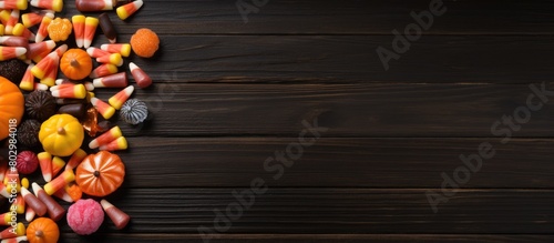 A copy space image of Halloween candy is arranged in a double border on a dark black wood background