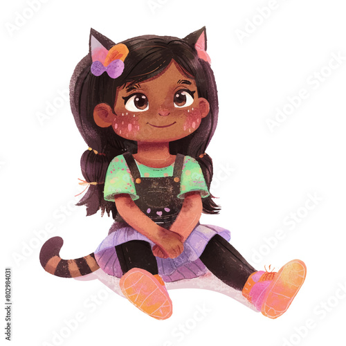 Cute cat girl sitting watercolor