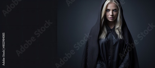 A beautiful blonde woman dressed in gothic attire with a black dress and hooded cloak strikes a standing pose against a grey background in a full length portrait The image provides ample copy space photo