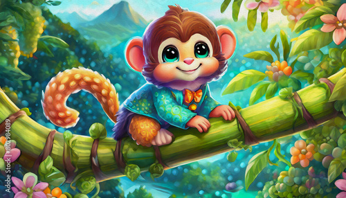 oil painting style CARTOON CHARACTER CUTE baby Monkey hanging on a bamboo branch, animal,  © stefanelo