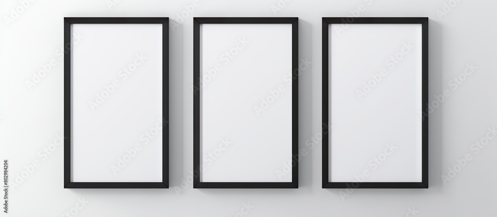 A black picture frame is suspended on a light grey wall creating a blank mockup template. with copy space image. Place for adding text or design A black picture frame is suspended on a light grey wall creating a blank mockup template. with copy space image. Place for adding text or design
