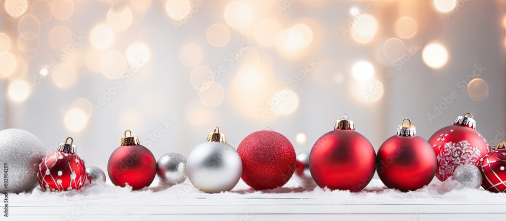 A festive Christmas or New Year decoration setting with gift boxes red baubles fir branches on a white wooden table The background has blurred lights and offers copy space A banner adds to the overal A festive Christmas or New Year decoration setting with gift boxes red baubles fir branches on a white wooden table The background has blurred lights and offers copy space A banner adds to the overal